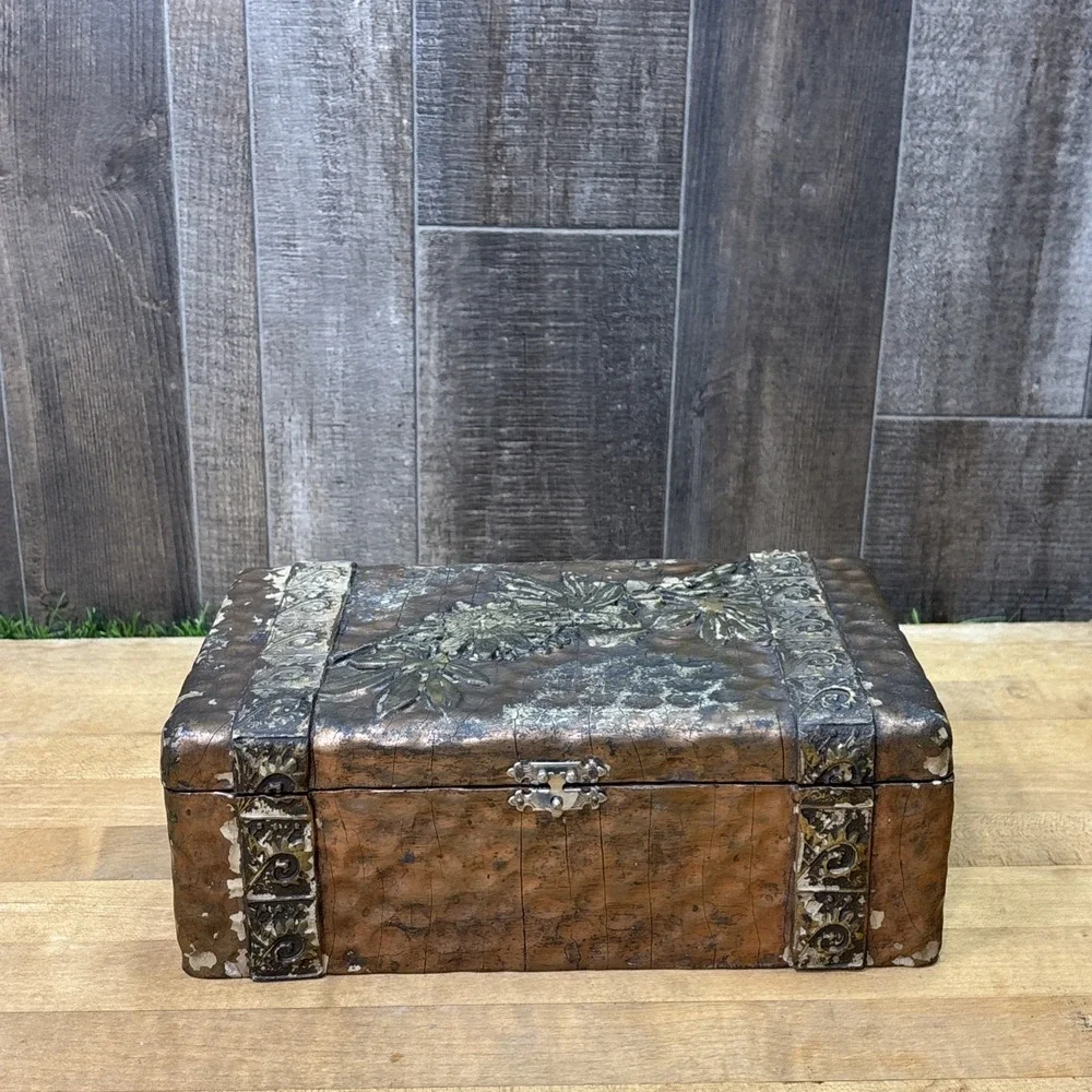 Vintage Hammered Copper Clad Wood Jewelry Box Floral Pink Interior Trinket